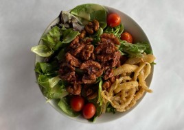 Candied Glazed Walnuts over Mixed Greens